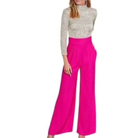 Eliza J Pants - Eliza J Women Hot Pink  Wide Leg  High Rise Crepe Pants Size 8
